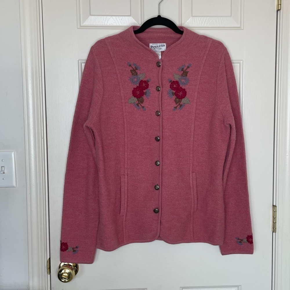 Vintage Pendleton Pink Wool Cardigan Sweater Floral Embroidered Button Front | S